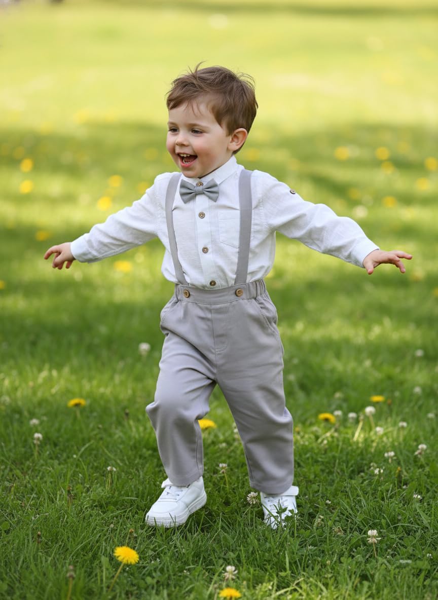 Volunboy Baby Boys Cotton Linen Formal Suspenders Outfits with Bowtie Toddler Long Sleeve Gentleman Wedding Dress Clothes