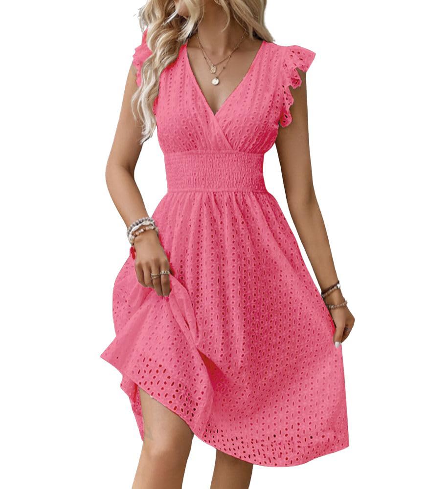 Women's Summer Sexy Eyelet Lace Embroidery Smocked Dress Flutter Sleeve A-Line Midi Long Beach Sundress
