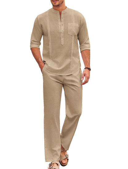 COOFANDY Men's 2 Piece Cotton Linen Sets Casual Long Sleeve Henley Shirts Yoga Pants Set Beach Cuban Outfits