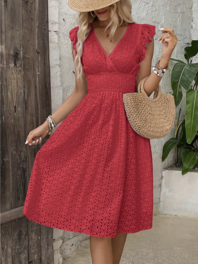 Women's Summer Sexy Eyelet Lace Embroidery Smocked Dress Flutter Sleeve A-Line Midi Long Beach Sundress