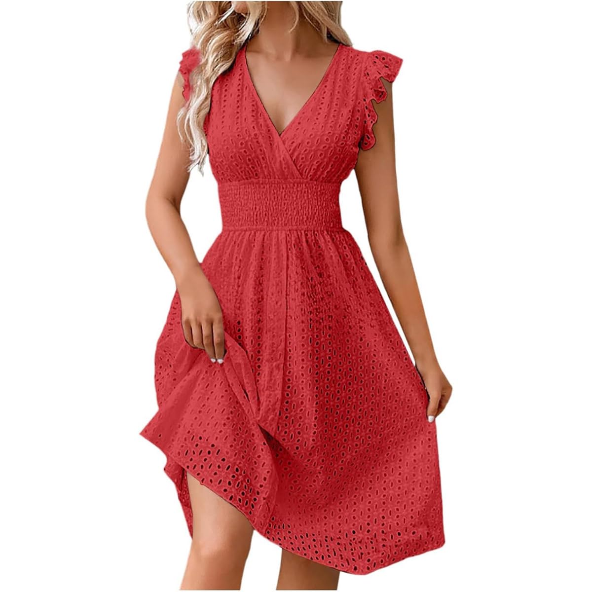 Women's V Neck Sleeveless Hollow Out Lace Ruffle Dress Summer Casual Beach Midi Vacation Dress