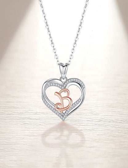 INFUSEU Sterling Silver Heart Initial Pendant Necklaces for Women Girls, Letter A-Z Jewelry Personalized Birthday Name Gifts for Her, 20 Inch Chain
