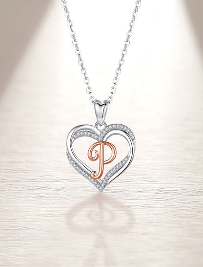 INFUSEU Sterling Silver Heart Initial Pendant Necklaces for Women Girls, Letter A-Z Jewelry Personalized Birthday Name Gifts for Her, 20 Inch Chain
