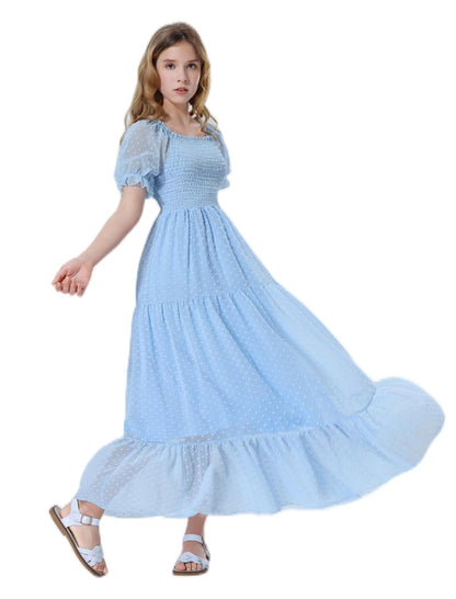 EXARUS Girls Maxi Long Smocked Dress Tween Swiss Dots Summer Square Neck Short Sleeve Casual A-line Dresses for 6-12Y | Tween A-Line Dresses Vacation Beach Sundress Beach Dance Casual Homecoming Party 6-14Y