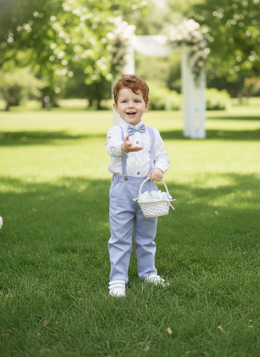 Volunboy Baby Boys Cotton Linen Formal Suspenders Outfits with Bowtie Toddler Long Sleeve Gentleman Wedding Dress Clothes