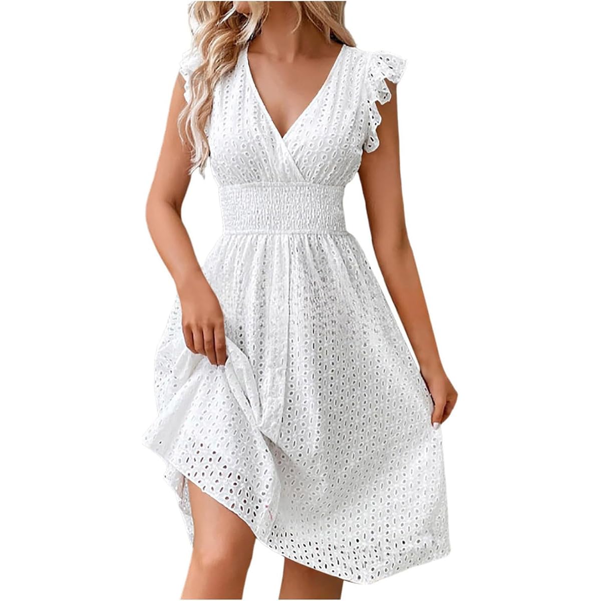 Women's V Neck Sleeveless Hollow Out Lace Ruffle Dress Summer Casual Beach Midi Vacation Dress