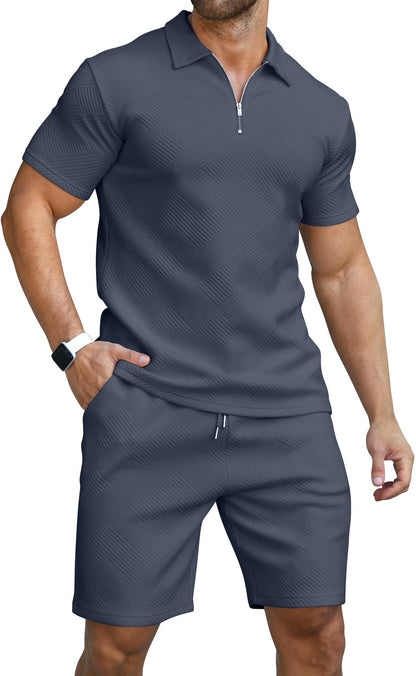 KUYIGO Men's Outfits Two-piece Casual Set Short Sleeve Polo Shirts and Beach Shorts Summer Tracksuits