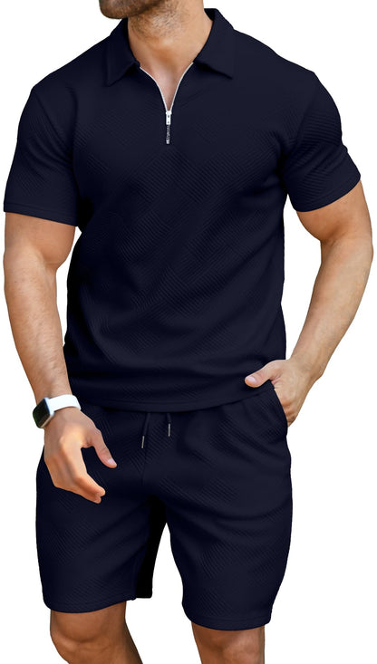 KUYIGO Men's Outfits Two-piece Casual Set Short Sleeve Polo Shirts and Beach Shorts Summer Tracksuits