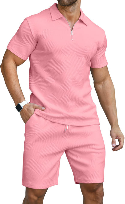 KUYIGO Men's Outfits Two-piece Casual Set Short Sleeve Polo Shirts and Beach Shorts Summer Tracksuits