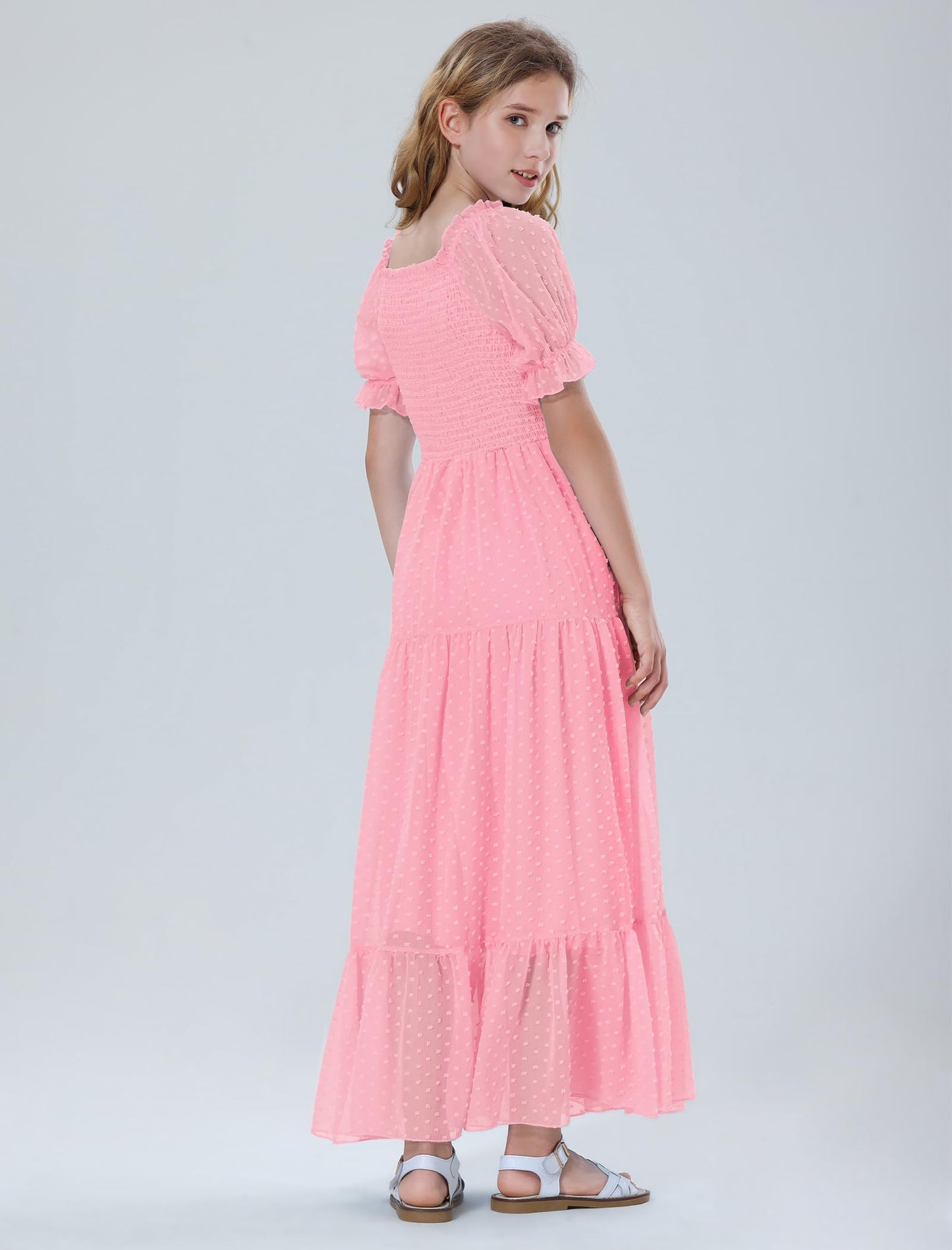 EXARUS Girls Maxi Long Smocked Dress Tween Swiss Dots Summer Square Neck Short Sleeve Casual A-line Dresses for 6-12Y | Tween A-Line Dresses Vacation Beach Sundress Beach Dance Casual Homecoming Party 6-14Y