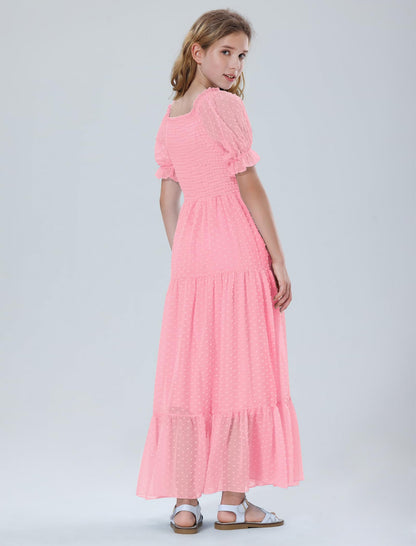 EXARUS Girls Maxi Long Smocked Dress Tween Swiss Dots Summer Square Neck Short Sleeve Casual A-line Dresses for 6-12Y | Tween A-Line Dresses Vacation Beach Sundress Beach Dance Casual Homecoming Party 6-14Y