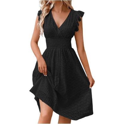 Women's V Neck Sleeveless Hollow Out Lace Ruffle Dress Summer Casual Beach Midi Vacation Dress