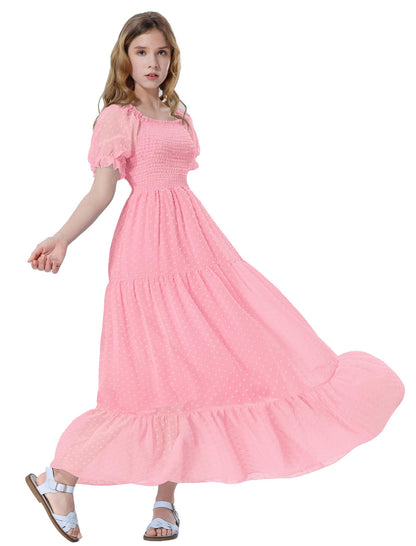 EXARUS Girls Maxi Long Smocked Dress Tween Swiss Dots Summer Square Neck Short Sleeve Casual A-line Dresses for 6-12Y | Tween A-Line Dresses Vacation Beach Sundress Beach Dance Casual Homecoming Party 6-14Y