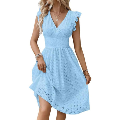 Women's V Neck Sleeveless Hollow Out Lace Ruffle Dress Summer Casual Beach Midi Vacation Dress