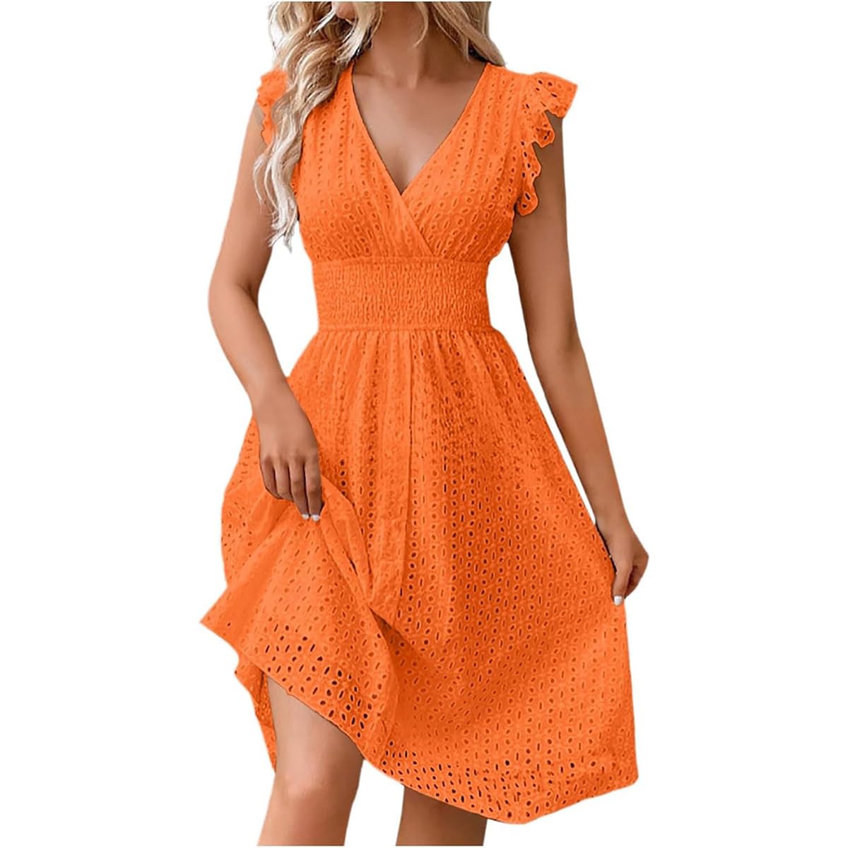 Women's V Neck Sleeveless Hollow Out Lace Ruffle Dress Summer Casual Beach Midi Vacation Dress