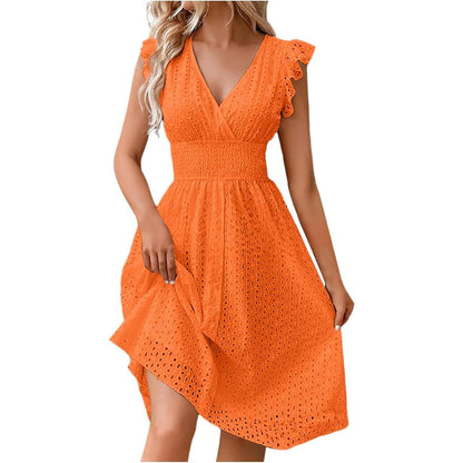 Women's V Neck Sleeveless Hollow Out Lace Ruffle Dress Summer Casual Beach Midi Vacation Dress