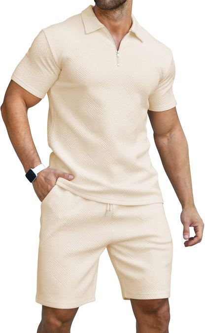 KUYIGO Men's Outfits Two-piece Casual Set Short Sleeve Polo Shirts and Beach Shorts Summer Tracksuits