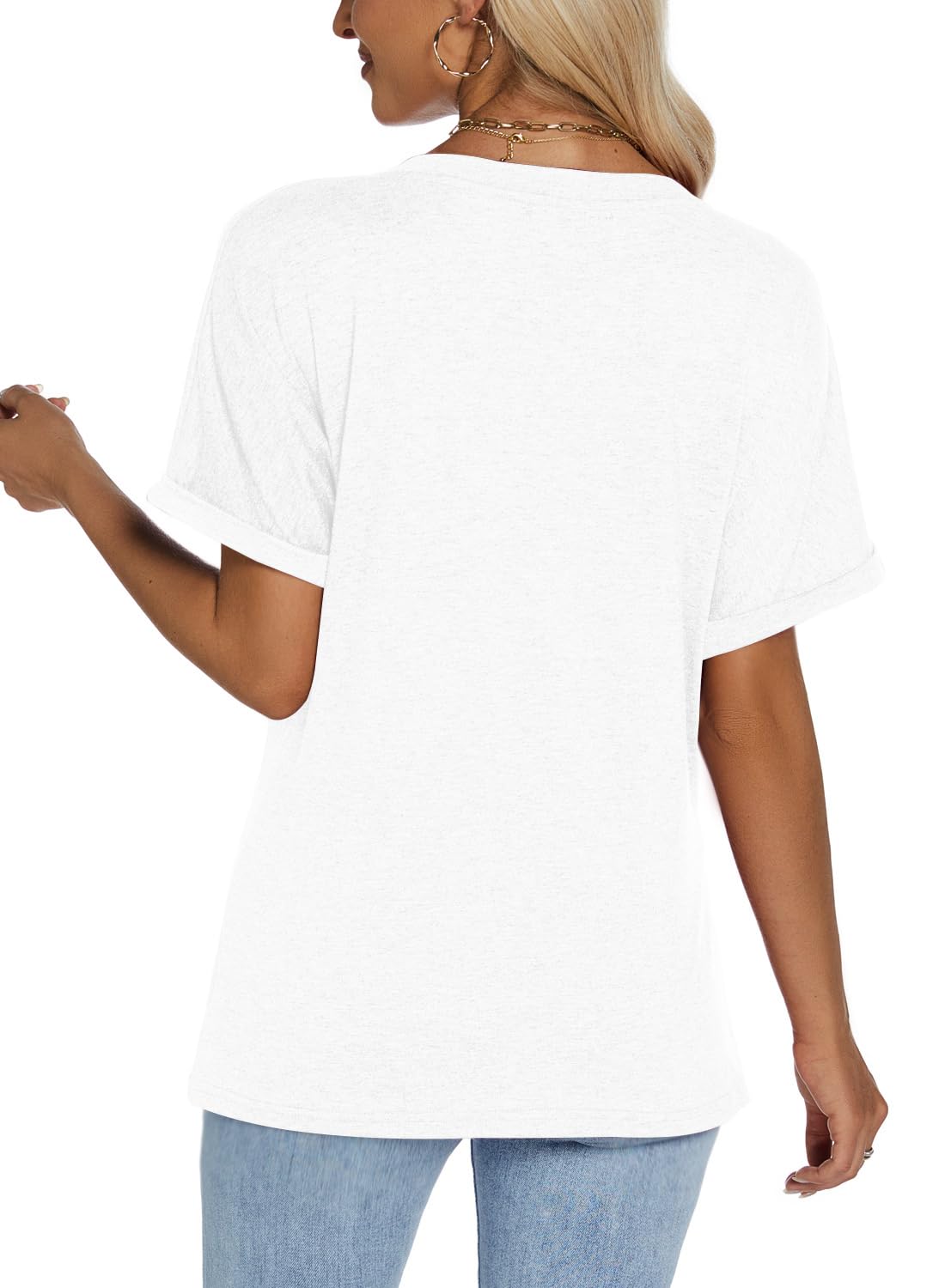 isermeo Womens Tshirts V Neck Short Rolled Sleeve Buttons Tops Tee Solid Blouse Loose Fit 2026 S-XXL