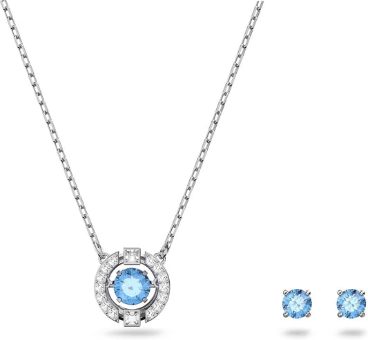 Swarovski Sparkling Dance Round Pendant Necklace and Stud Pierced Earrings Set with Blue Crystals on a Rhodium Plated Setting