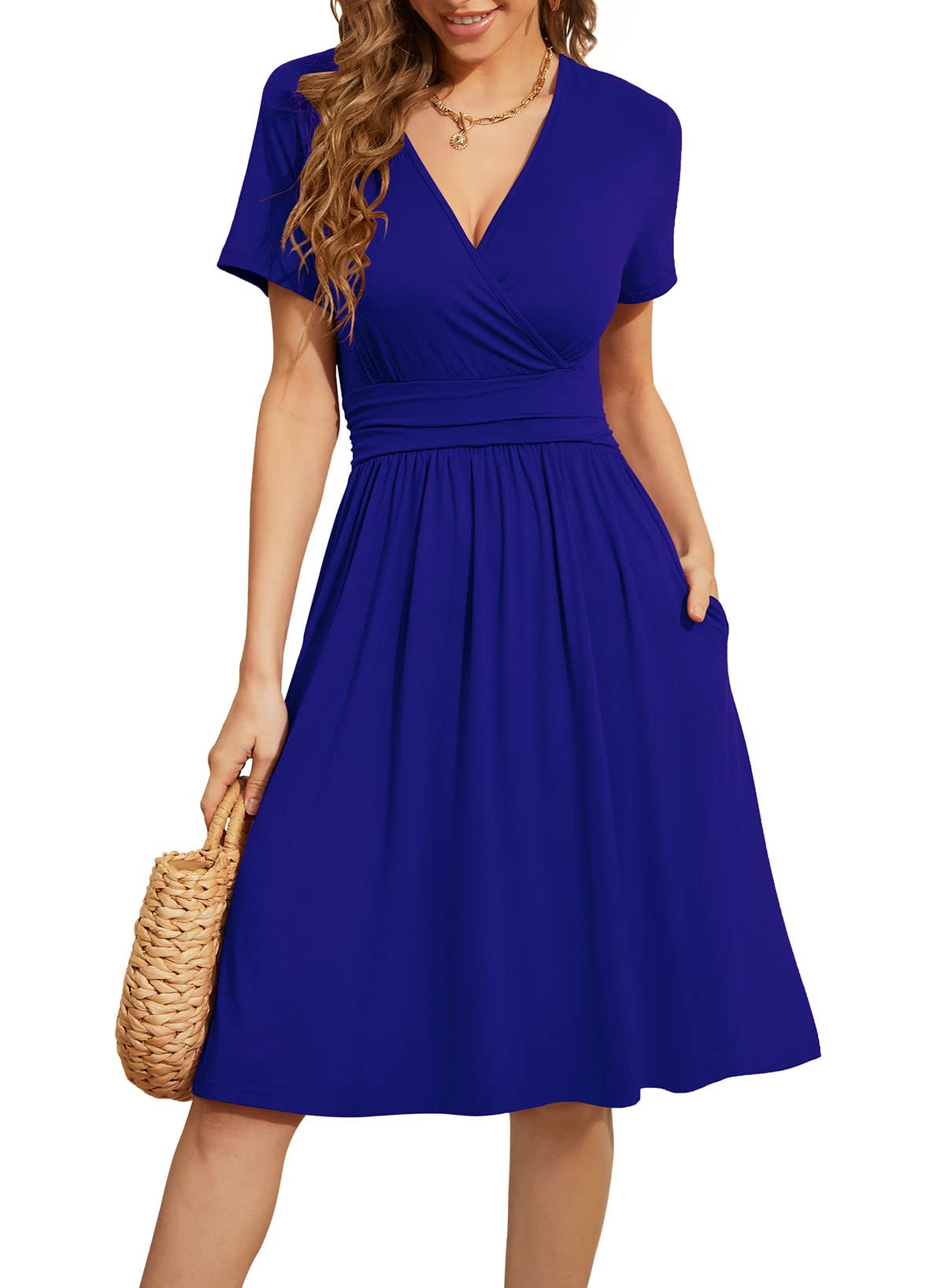 WEACZZY Women's Summer Short Sleeve Casual Dresses V-Neck Floral Party Dress with Pockets
