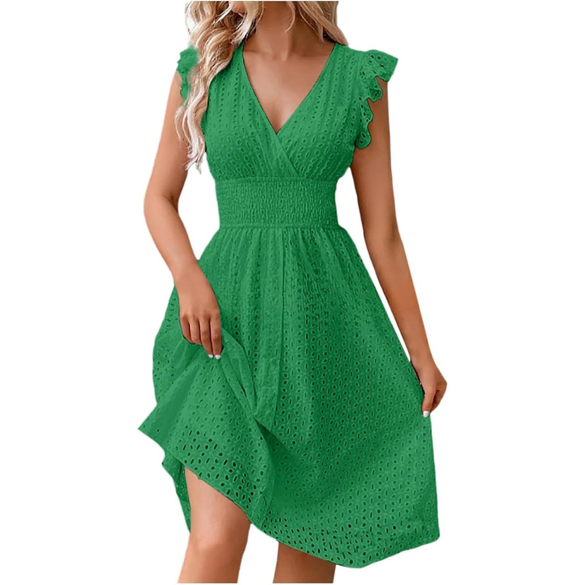 Women's V Neck Sleeveless Hollow Out Lace Ruffle Dress Summer Casual Beach Midi Vacation Dress