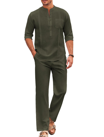 COOFANDY Men's 2 Piece Cotton Linen Sets Casual Long Sleeve Henley Shirts Yoga Pants Set Beach Cuban Outfits