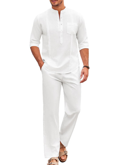 COOFANDY Men's 2 Piece Cotton Linen Sets Casual Long Sleeve Henley Shirts Yoga Pants Set Beach Cuban Outfits