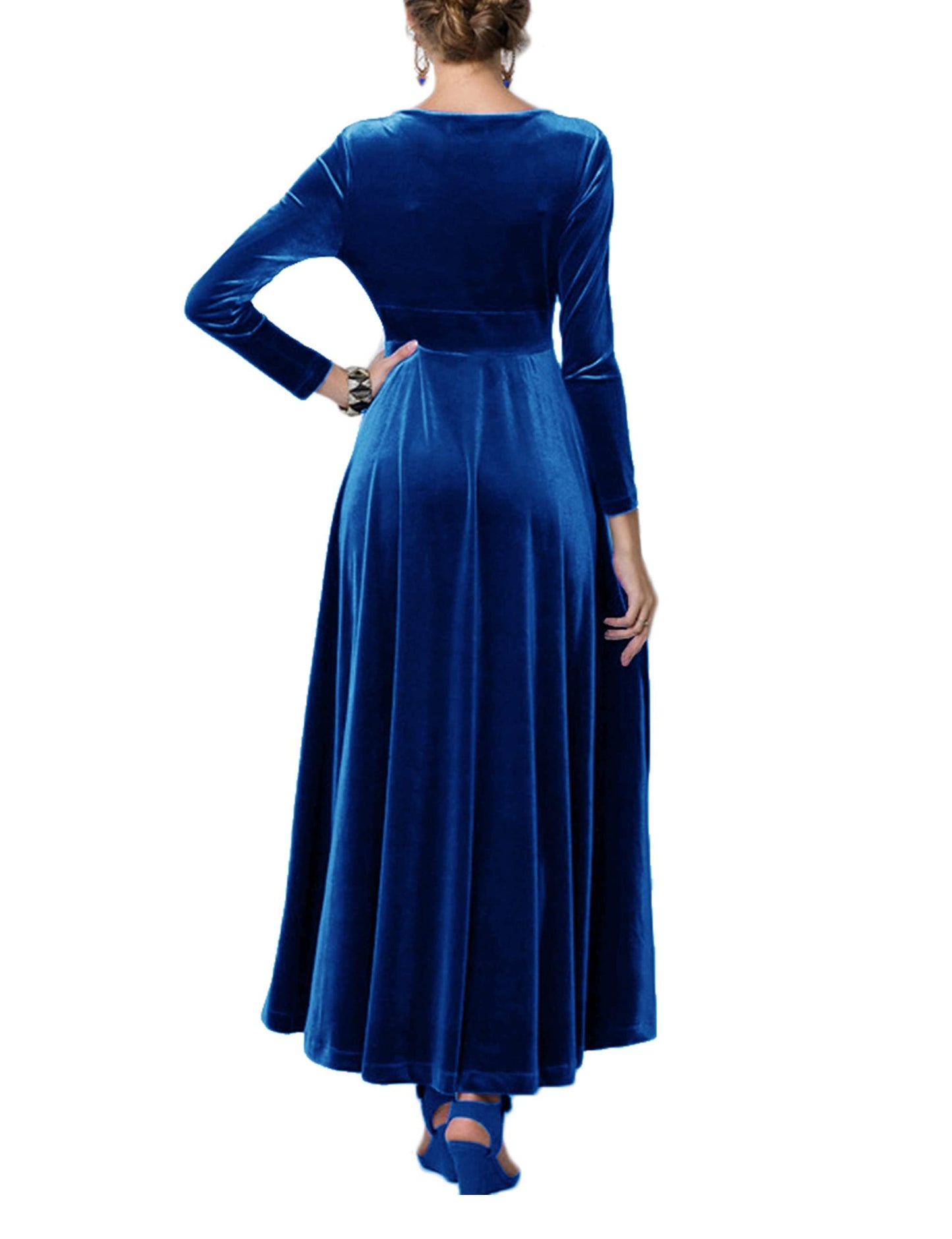 Urban CoCo Women Long Sleeve V-Neck Velvet Stretchy Long Dress