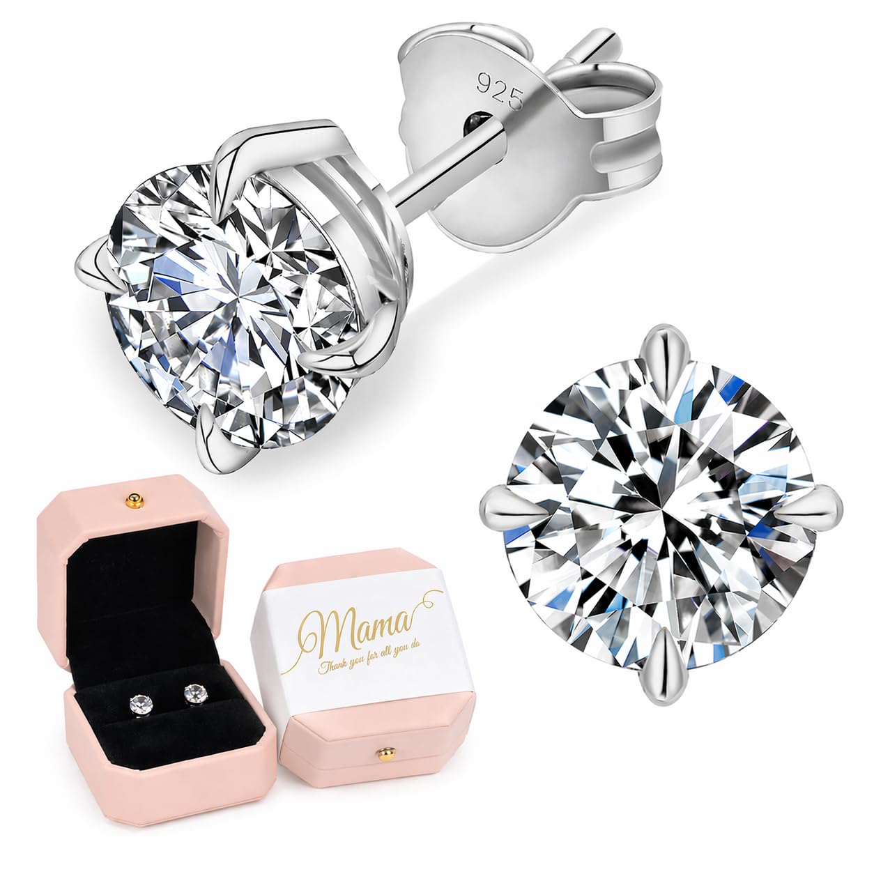 KRKC Moissanite Earrings, Christmas Birthday Gifts with Luxury Box, Hypoallergenic 925 Sterling Silver 14K White Gold Plated, 0.6-3CT D color VVS1 Clarity Lab Created Stud Diamond Earrings for Women