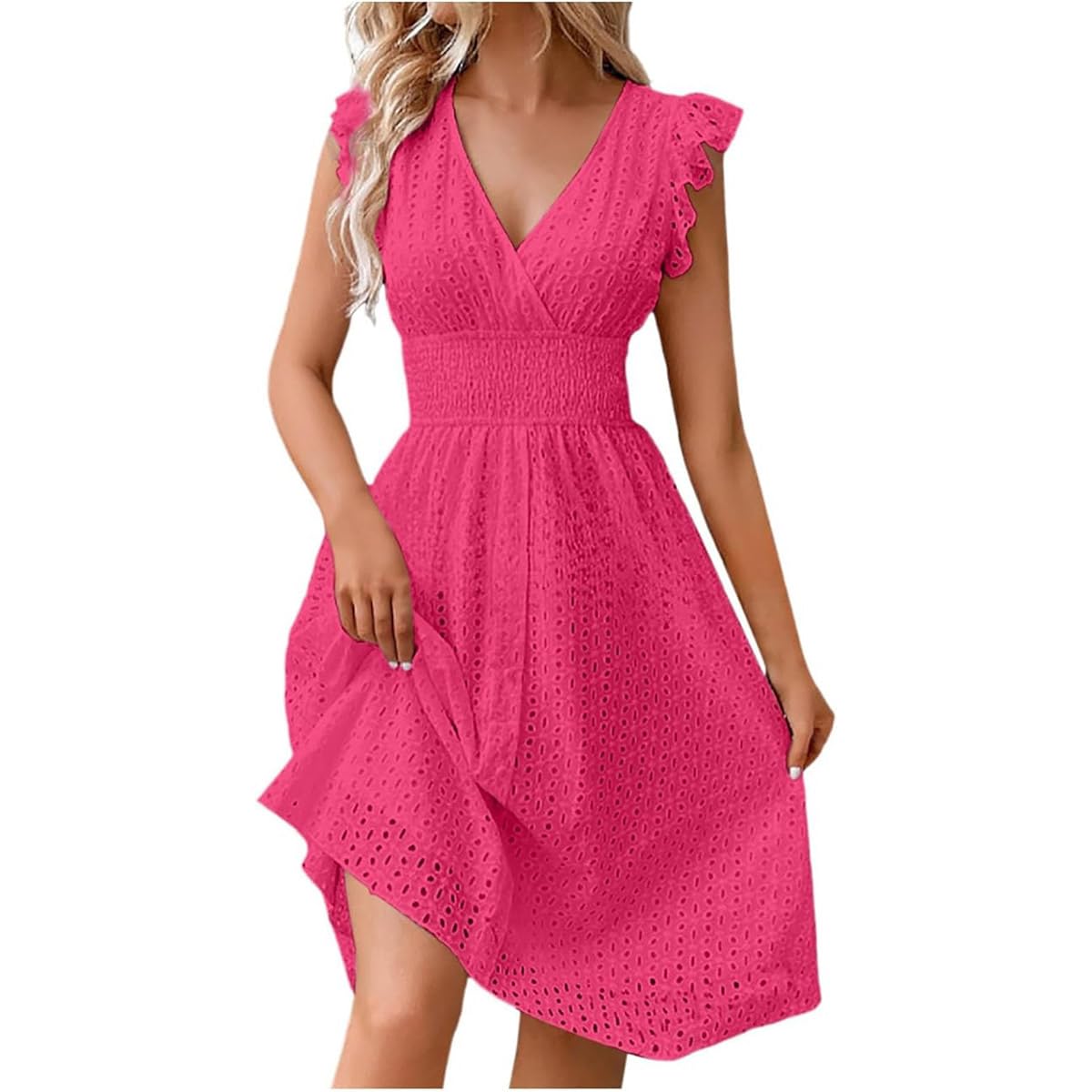 Women's V Neck Sleeveless Hollow Out Lace Ruffle Dress Summer Casual Beach Midi Vacation Dress
