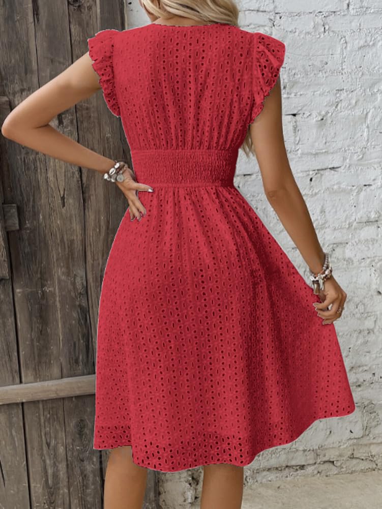 Women's Summer Sexy Eyelet Lace Embroidery Smocked Dress Flutter Sleeve A-Line Midi Long Beach Sundress