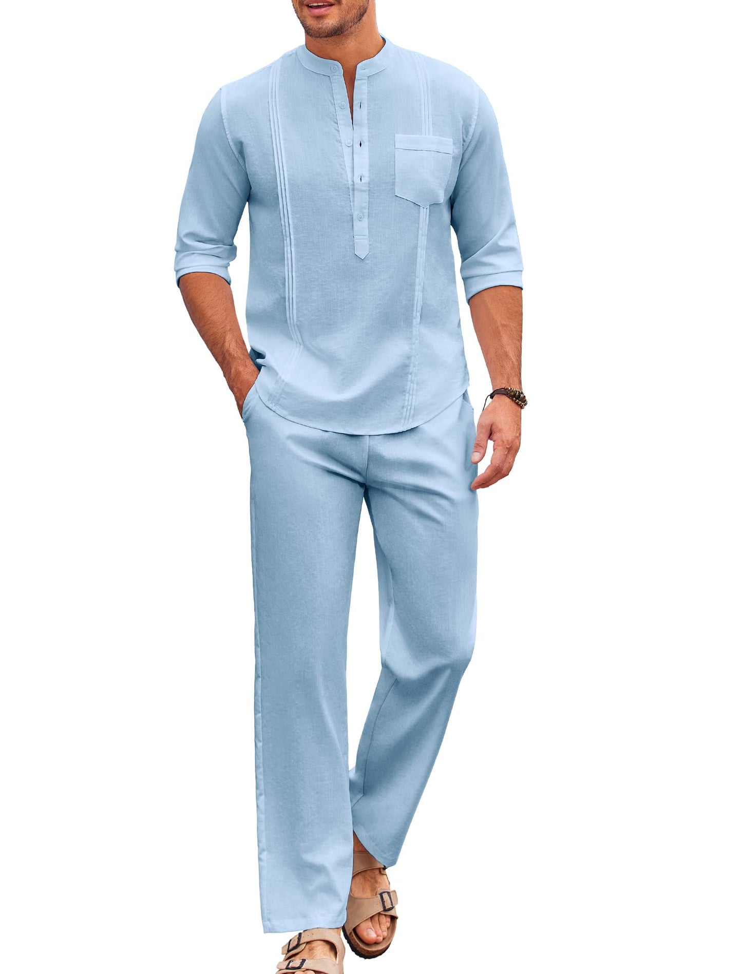 COOFANDY Men's 2 Piece Cotton Linen Sets Casual Long Sleeve Henley Shirts Yoga Pants Set Beach Cuban Outfits