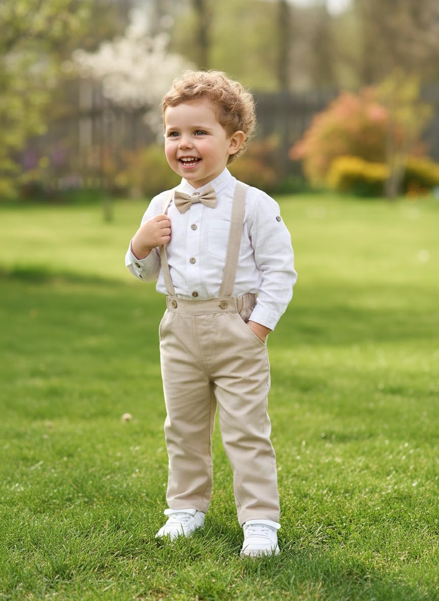 Volunboy Baby Boys Cotton Linen Formal Suspenders Outfits with Bowtie Toddler Long Sleeve Gentleman Wedding Dress Clothes