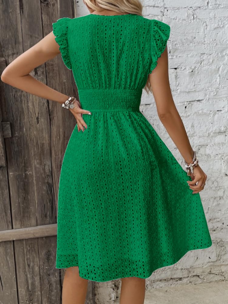 Women's Summer Sexy Eyelet Lace Embroidery Smocked Dress Flutter Sleeve A-Line Midi Long Beach Sundress