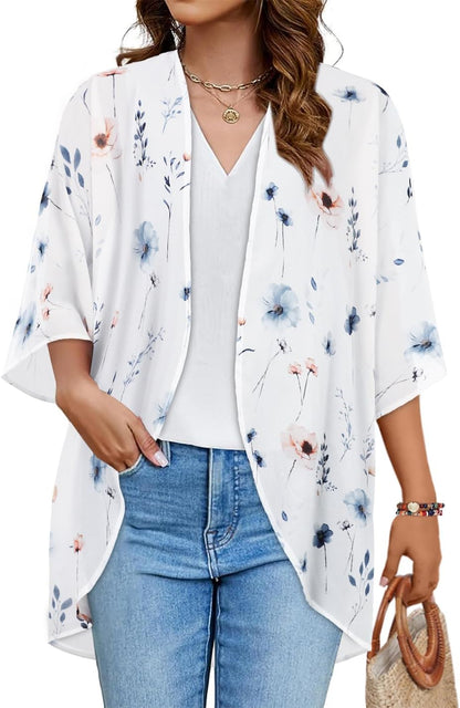 Womens Floral Kimono Cardigan Chiffon Beach Coverups Sheer Swimsuit Cover Up Casual Summer Tops