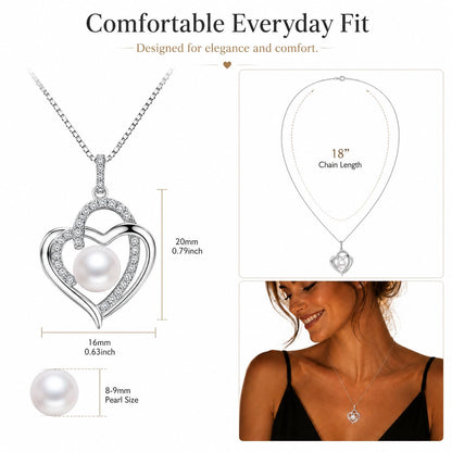 NONNYL Heart-Pearl-Necklace- Gifts for Women, Mom Wife Girlfriend Her Anniversary Birthday Mothers Day Valentine's Day Christmas Jewelry Gifts Real 8-9mm White Freshwater Cultured Pearls Pendant
