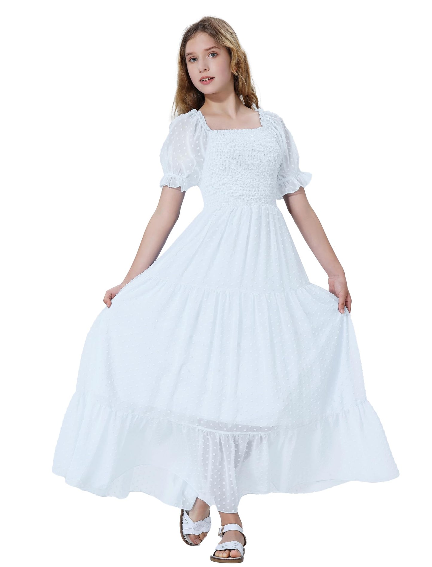 EXARUS Girls Maxi Long Smocked Dress Tween Swiss Dots Summer Square Neck Short Sleeve Casual A-line Dresses for 6-12Y | Tween A-Line Dresses Vacation Beach Sundress Beach Dance Casual Homecoming Party 6-14Y