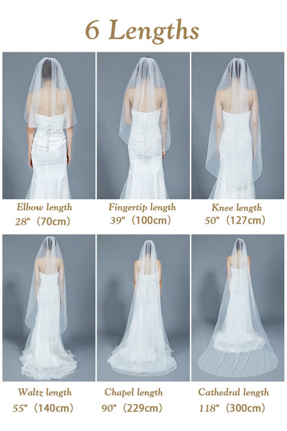 BEAUTELICATE Wedding Bridal Veil with Comb 1 Tier Cut Edge Ivory White Elbow Fingertip Chapel Cathedral Length V67