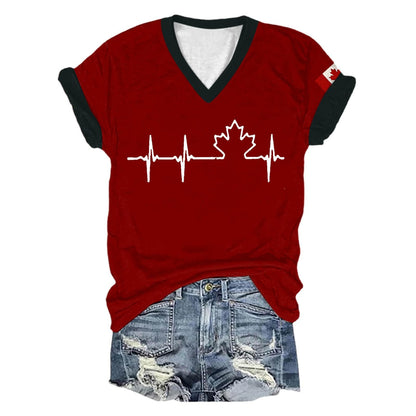 Womens Canada Day Shirts V Neck Short Sleeve Maple Leaf Flag Patriotic Tops Summer Casual Loose 1st July Canadian T-Shirts