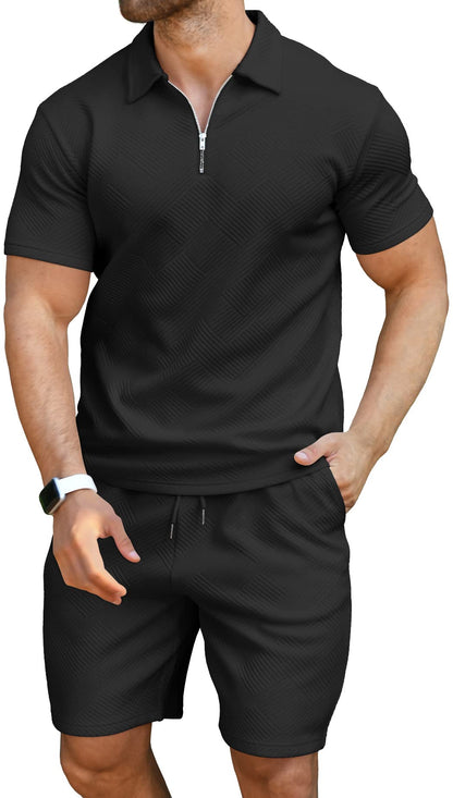 KUYIGO Men's Outfits Two-piece Casual Set Short Sleeve Polo Shirts and Beach Shorts Summer Tracksuits