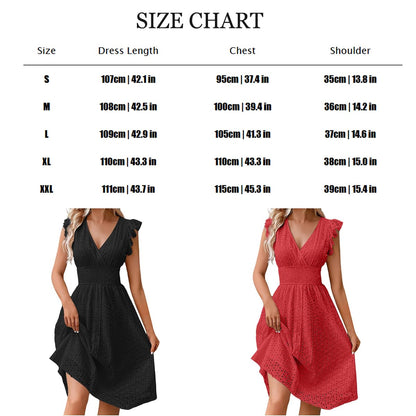 Women's V Neck Sleeveless Hollow Out Lace Ruffle Dress Summer Casual Beach Midi Vacation Dress