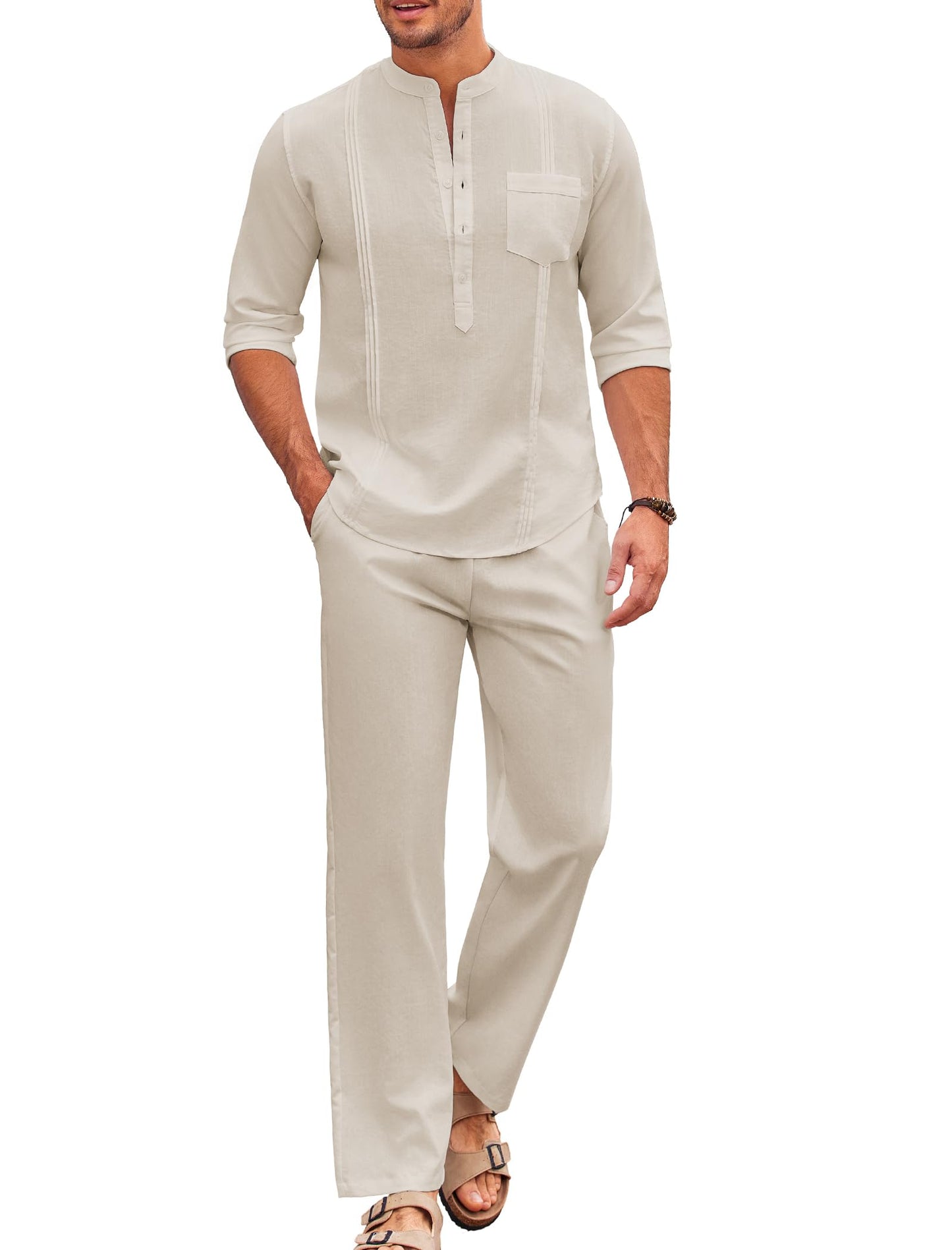 COOFANDY Men's 2 Piece Cotton Linen Sets Casual Long Sleeve Henley Shirts Yoga Pants Set Beach Cuban Outfits