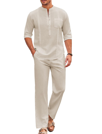 COOFANDY Men's 2 Piece Cotton Linen Sets Casual Long Sleeve Henley Shirts Yoga Pants Set Beach Cuban Outfits