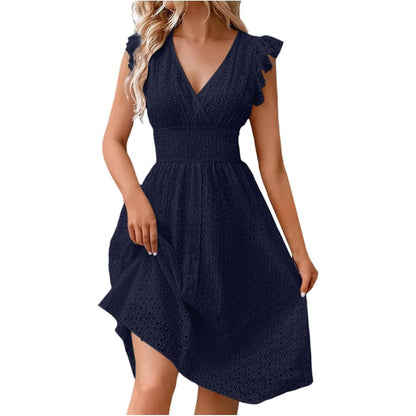 Women's V Neck Sleeveless Hollow Out Lace Ruffle Dress Summer Casual Beach Midi Vacation Dress