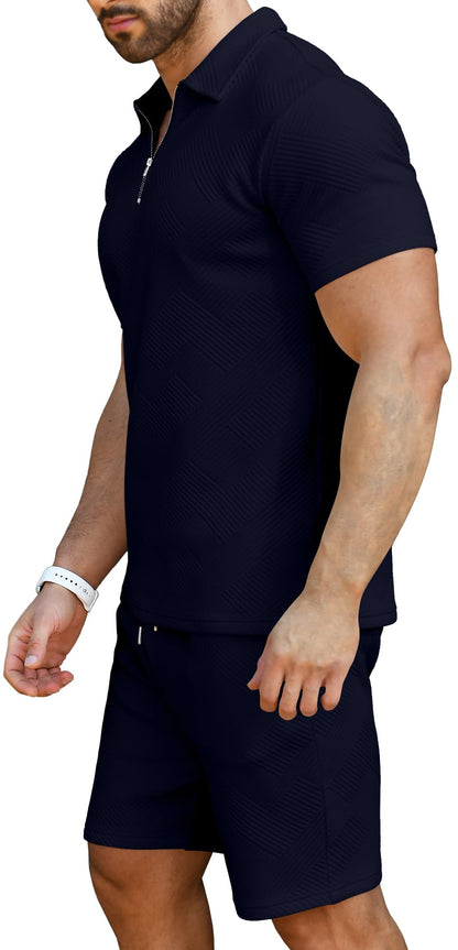 KUYIGO Men's Outfits Two-piece Casual Set Short Sleeve Polo Shirts and Beach Shorts Summer Tracksuits