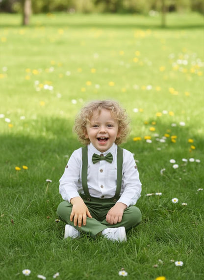 Volunboy Baby Boys Cotton Linen Formal Suspenders Outfits with Bowtie Toddler Long Sleeve Gentleman Wedding Dress Clothes