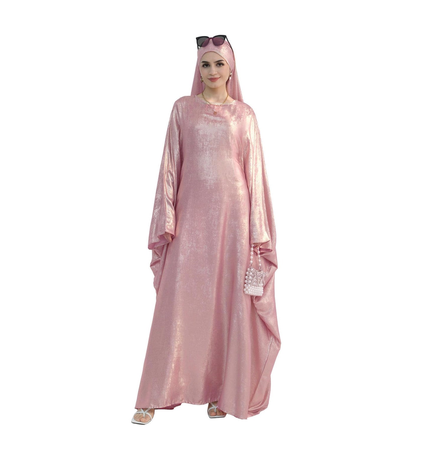 Women Prayer Abaya Dubai Bat Sleeve Dress Islamic Printed Long Robe with Belt