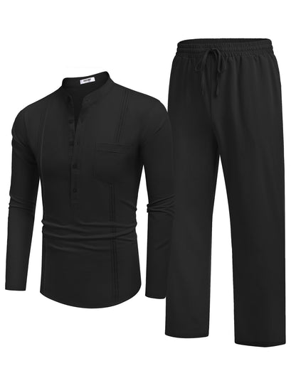 COOFANDY Men's 2 Piece Cotton Linen Sets Casual Long Sleeve Henley Shirts Yoga Pants Set Beach Cuban Outfits