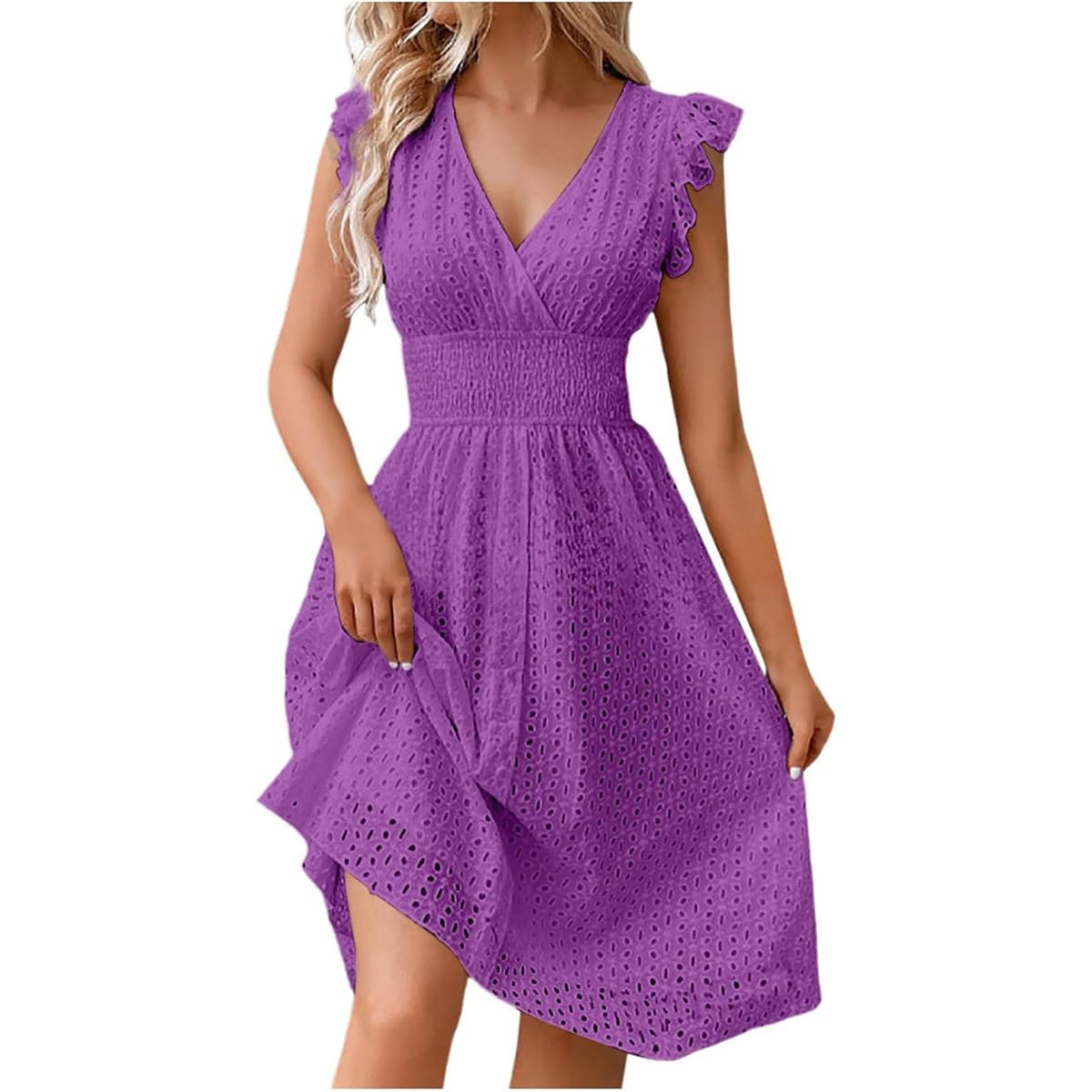 Women's V Neck Sleeveless Hollow Out Lace Ruffle Dress Summer Casual Beach Midi Vacation Dress