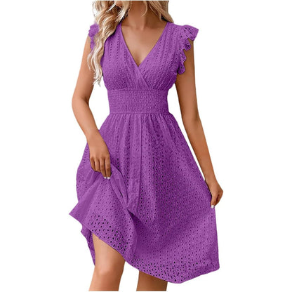 Women's V Neck Sleeveless Hollow Out Lace Ruffle Dress Summer Casual Beach Midi Vacation Dress